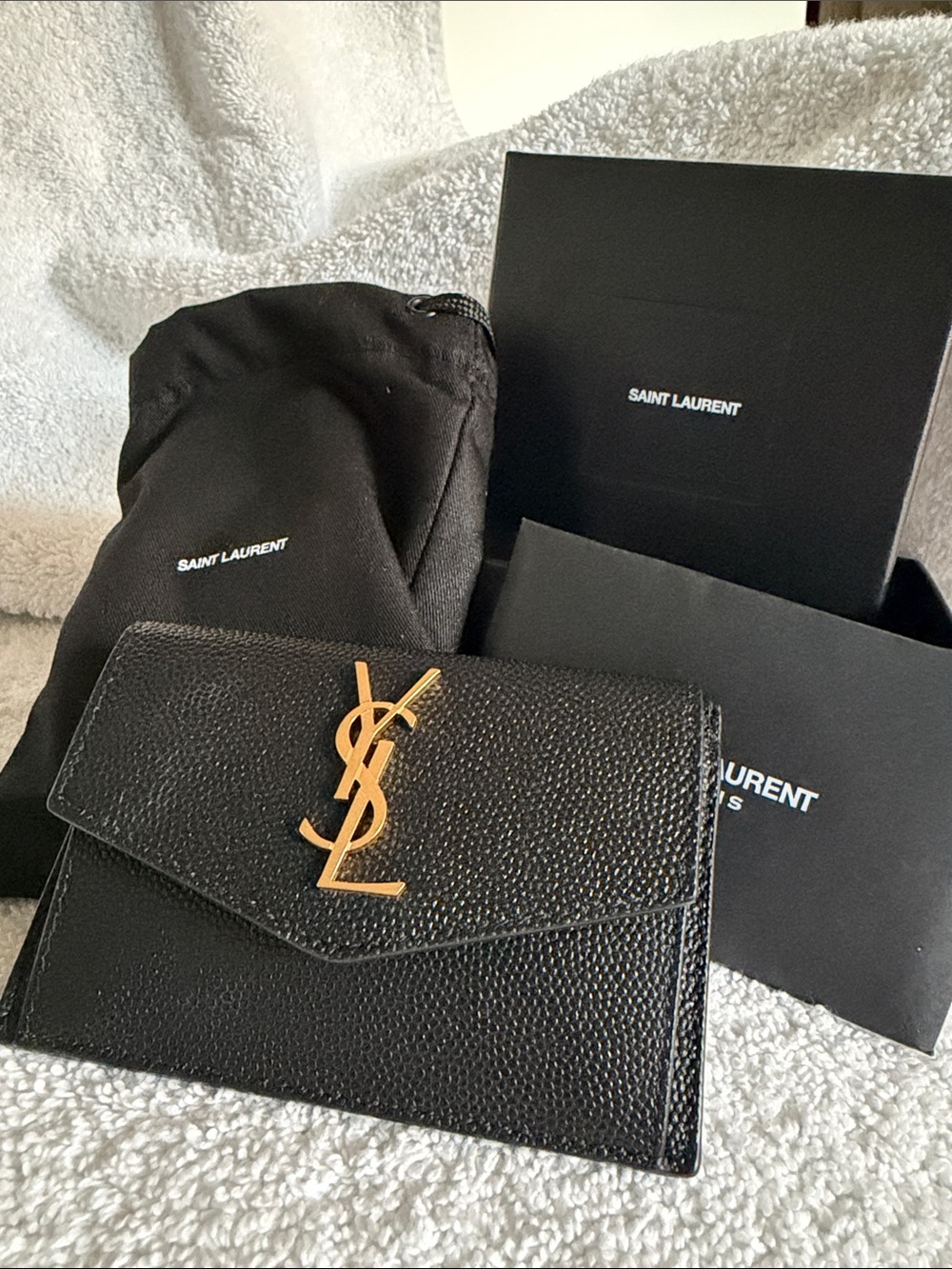 Saint Laurent Black Pebbled Leather Envelope Card Holder with Gold YSL Logo